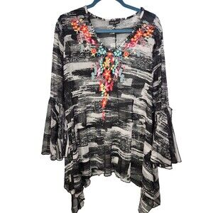 Embroidered Coverup 3X 2X Tunic Mesh Long Sleeve Boho Floral Dor Dor Couture